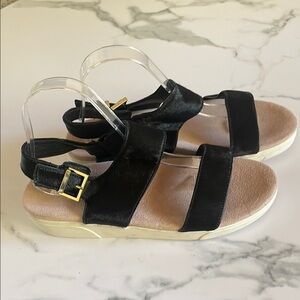 Kenneth Cole Black and Gold Flat Sandals with Ankle Strap